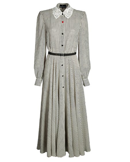 Платье макси с кружевным воротником, бежевое в клетку