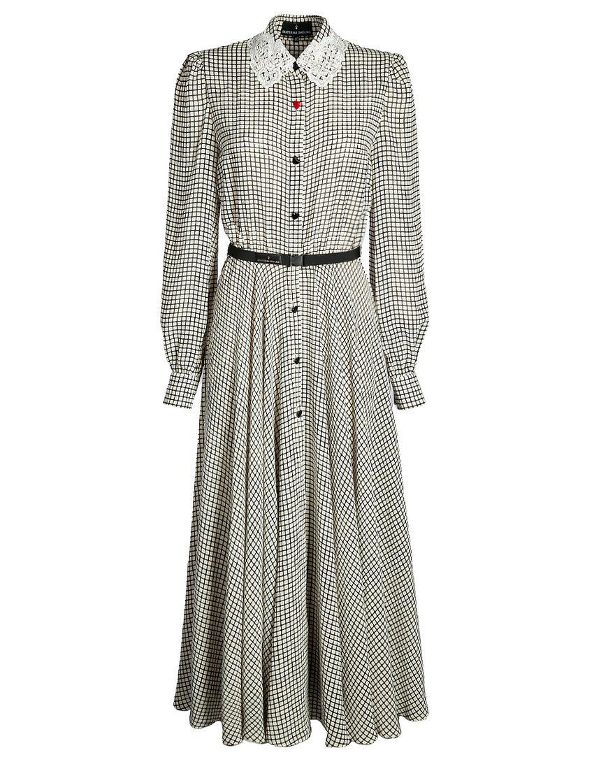 Платье бежевое в мелкую клетку с кружевом на воротнике и пуговицами сердцами www.EkaterinaSmolina.ru