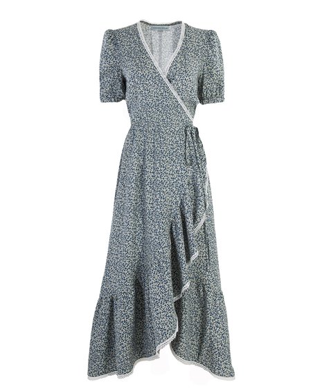 Платье на запах в принт “Черника” с кружевной отделкой 