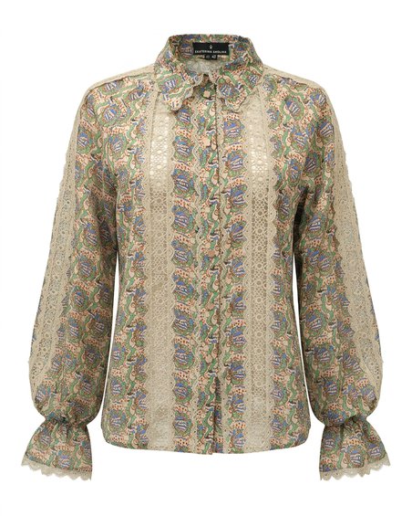 Блуза с кружевными вставками в принт «Кораблики», цвет мятно-оливковый