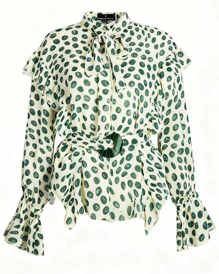 Блуза цвета айвори в зеленый горошек