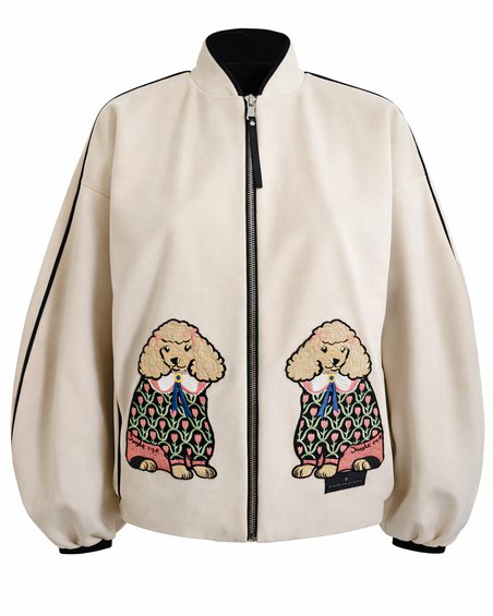Бомбер с аппликациями «Собачки» из бархата, цвет молочный