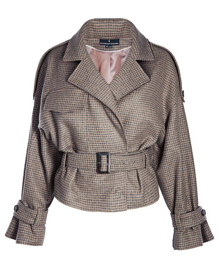 Укороченное пальто в принт «Гусиная лапка», табачного цвета