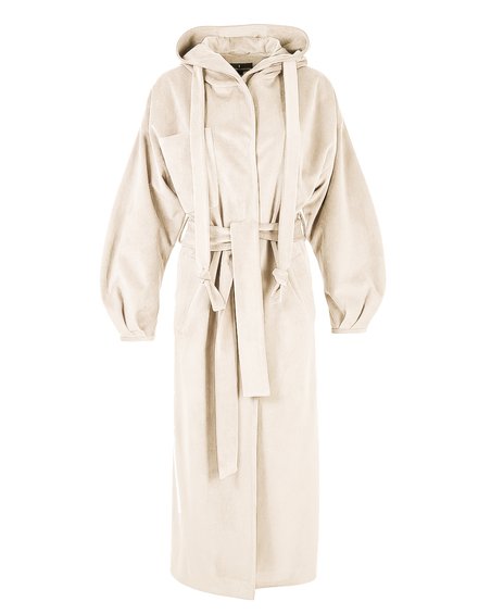 Пальто макси из водоотталкиващего бархата с капюшоном в кремовом цвете