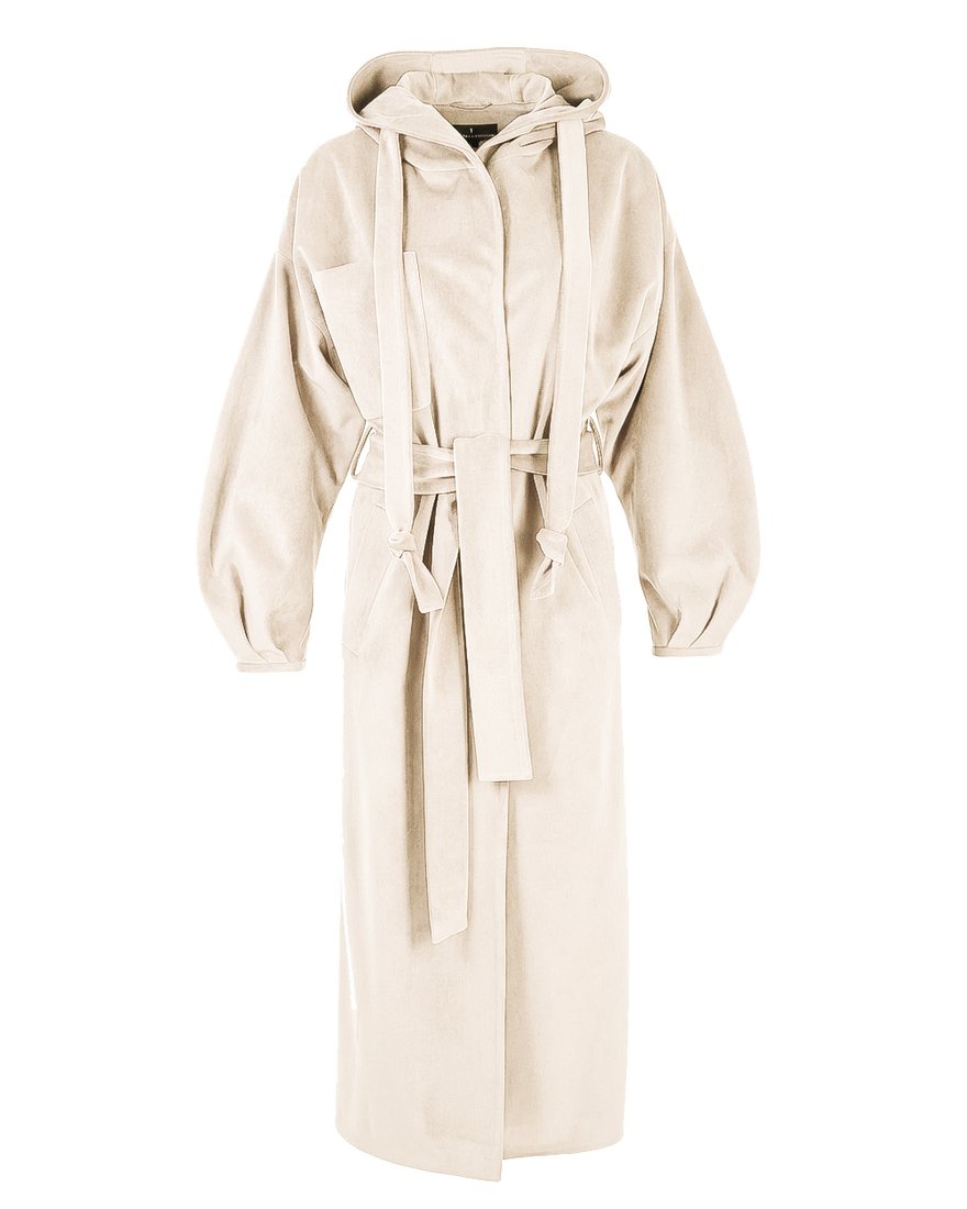 Пальто макси из водоотталкиващего бархата с капюшоном в кремовом цвете www.EkaterinaSmolina.ru
