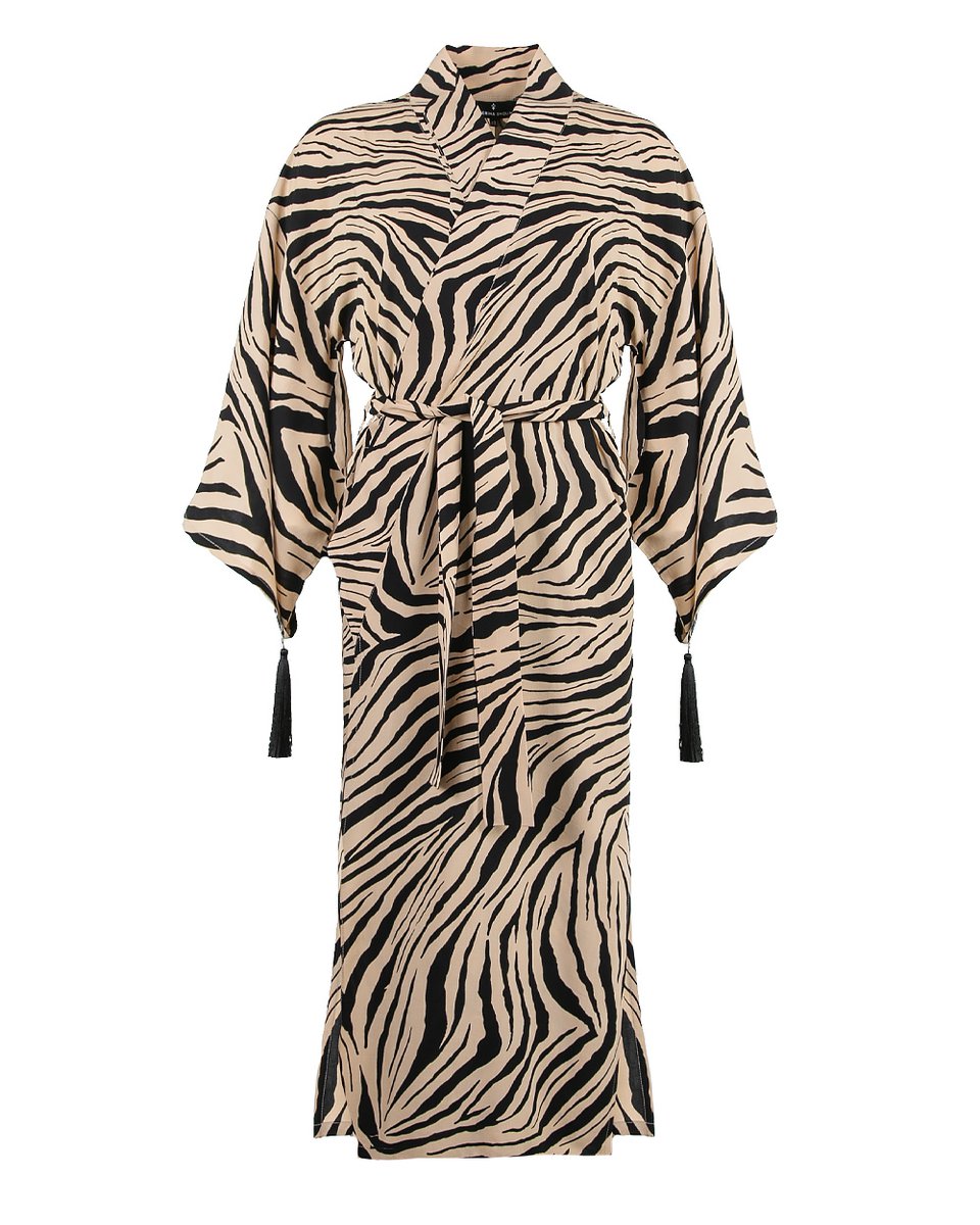 Платье-кимоно в принт "Зебра" с кистями