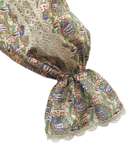 Блуза с кружевными вставками в принт «Кораблики», цвет мятно-оливковый