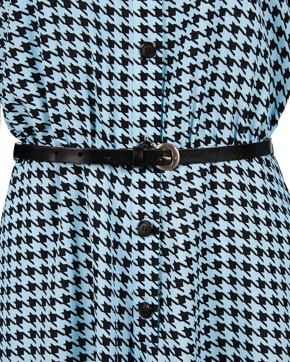 Платье с юбкой годе голубое в черную гусиную лапку