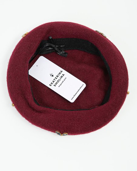 Берет со стразами пчелы в винном цвете