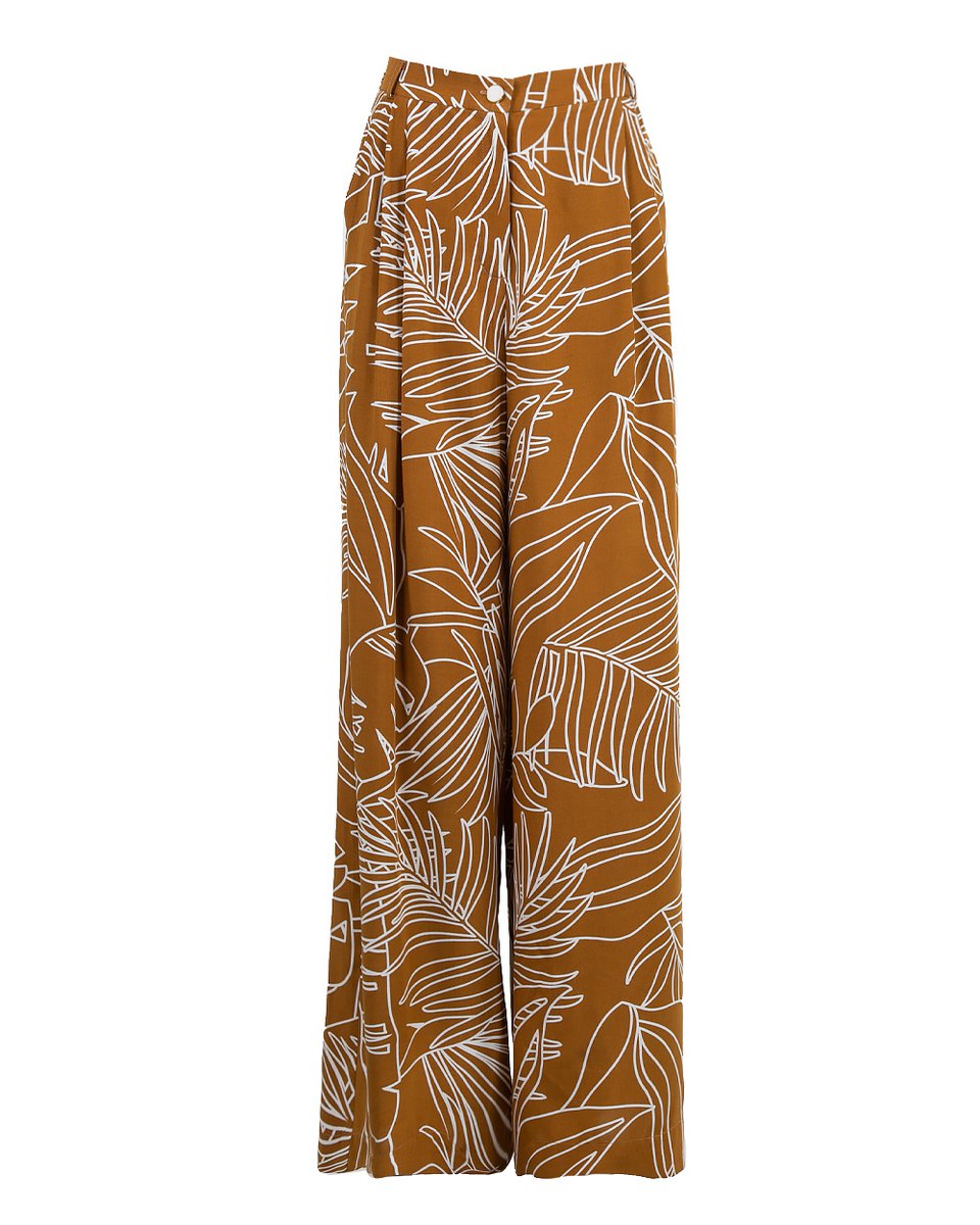 Комплект из рубашки, топа и брюк в принт “Листья”, цвет карамельный