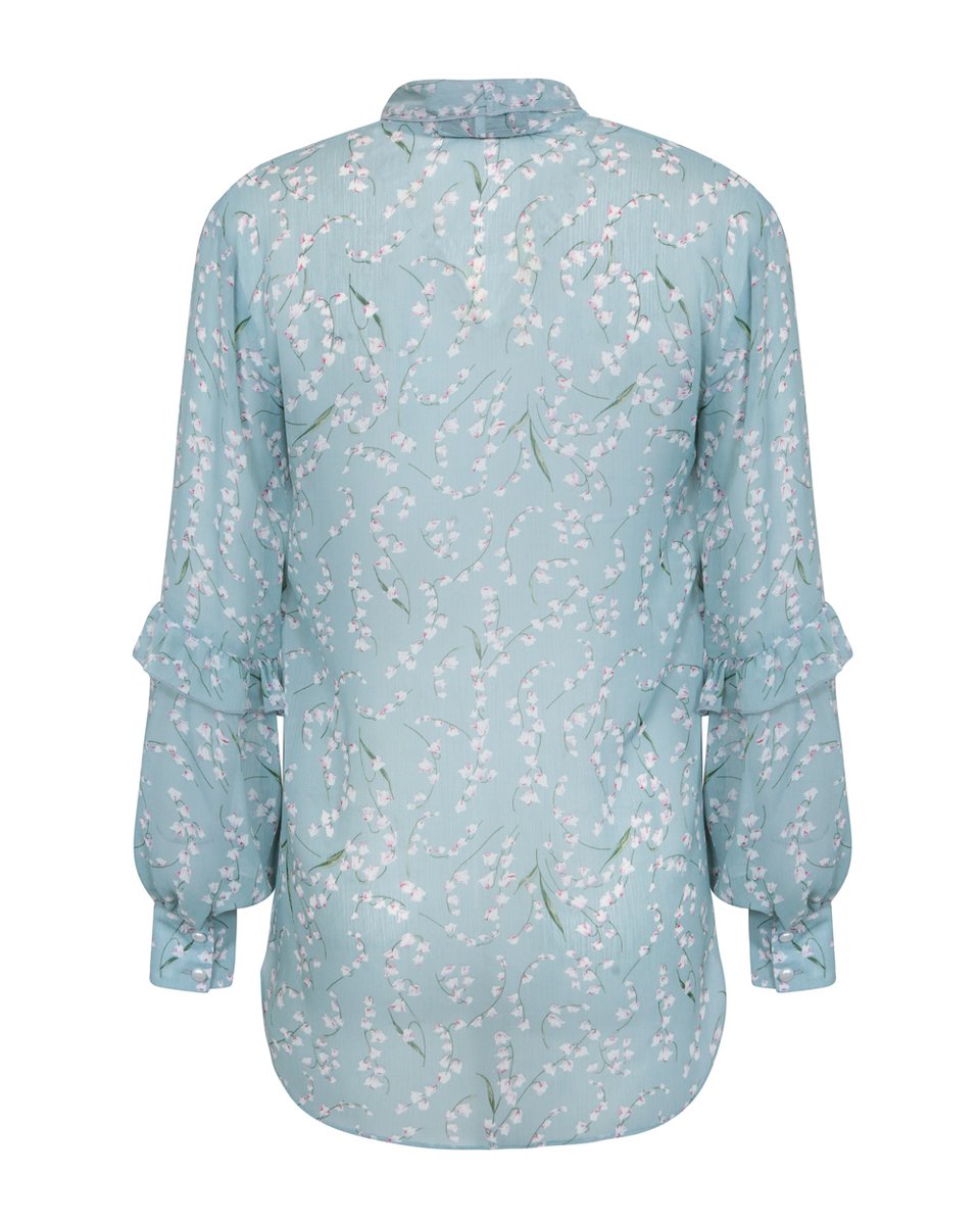 Блуза шифоновая голубая с рюшами в мелкий цветочек